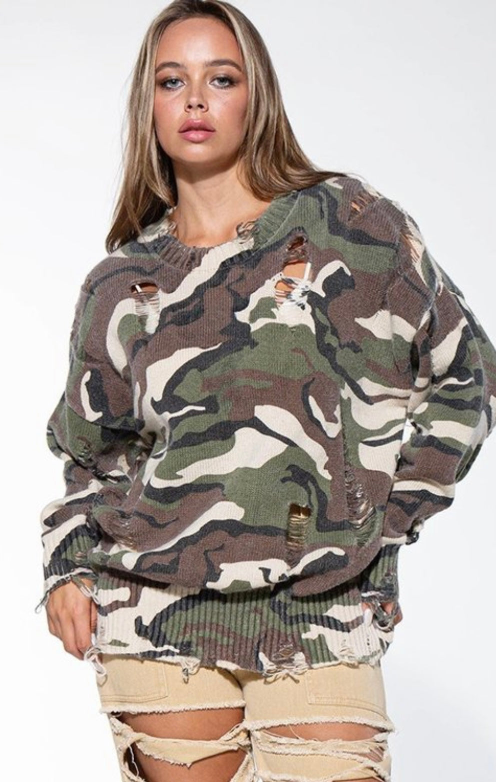 Never Lonely Camouflage Distressed Sweaterj  by g