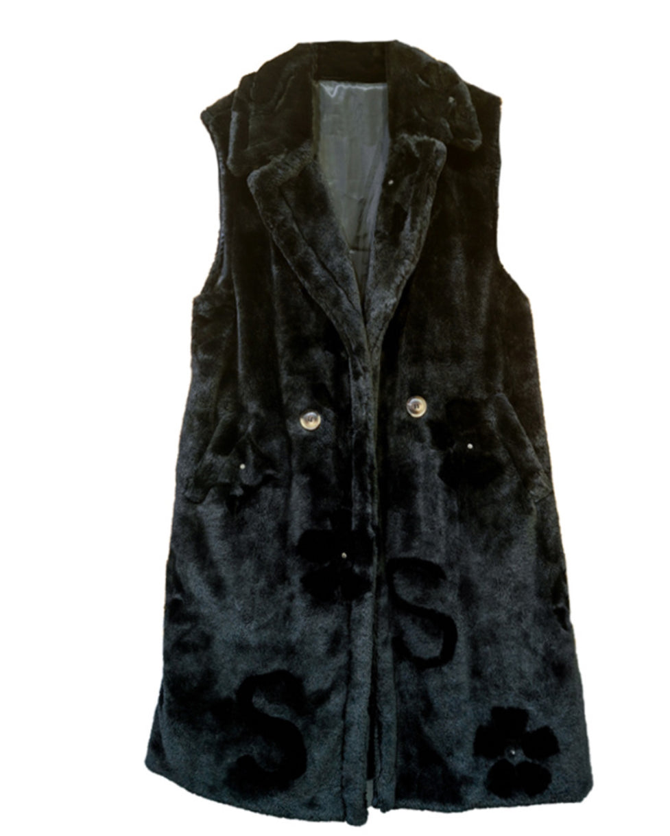 Just a Thought Faux Fur Plaid Long Vest _ Black