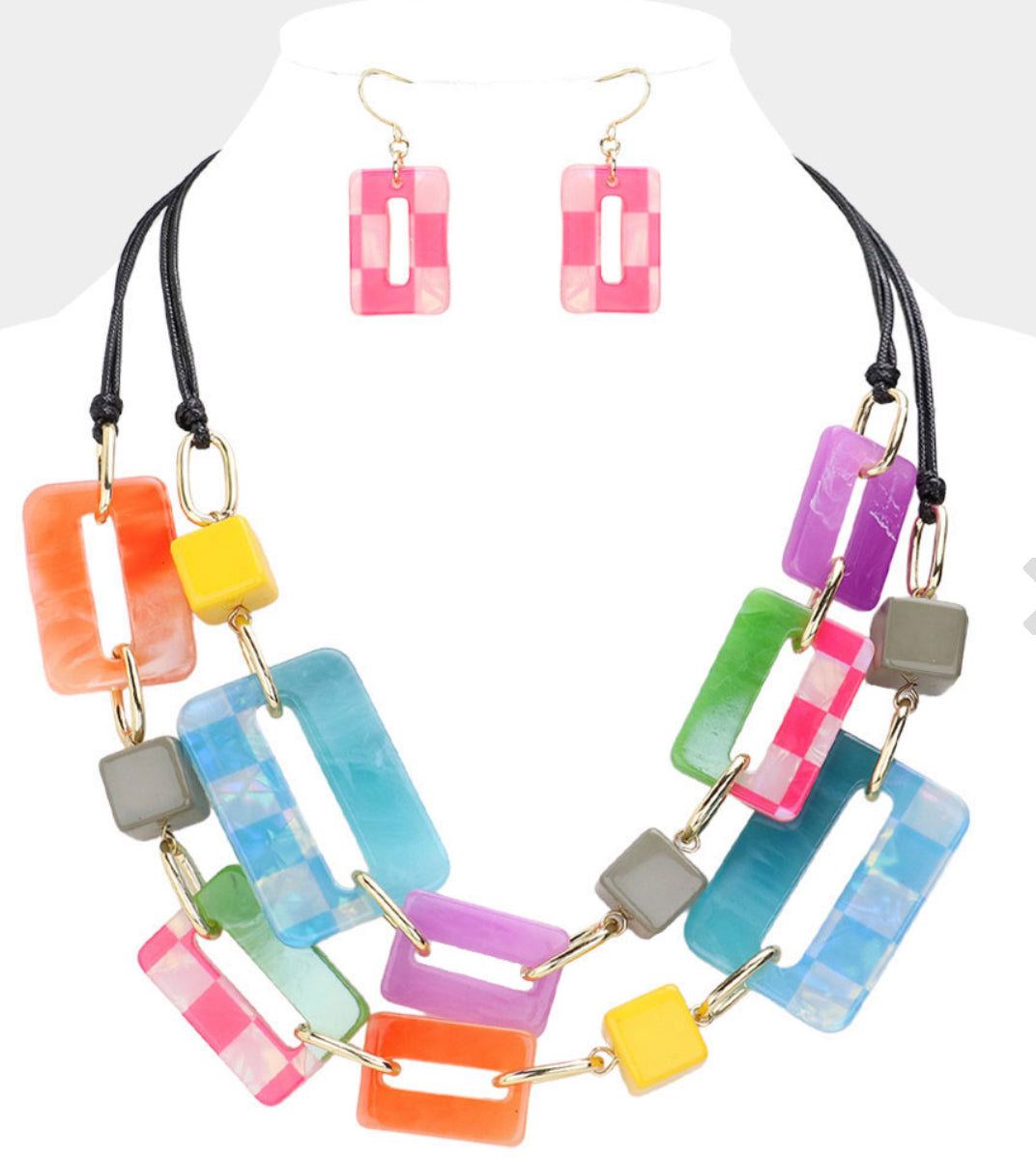 Abstract Open Cube Link Double Layered Statement Necklace