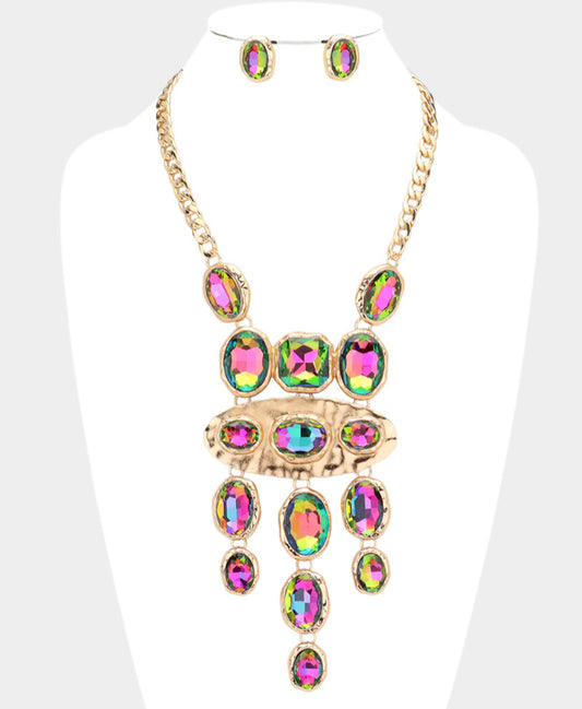 Color Oval Stone Link Necklace Set