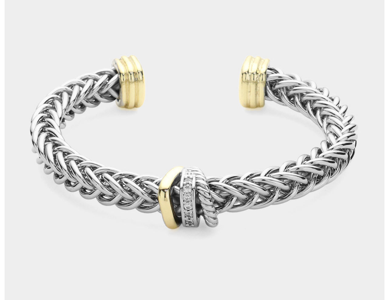 CZ Stone Paved Metal Braided Cuff Bracelet