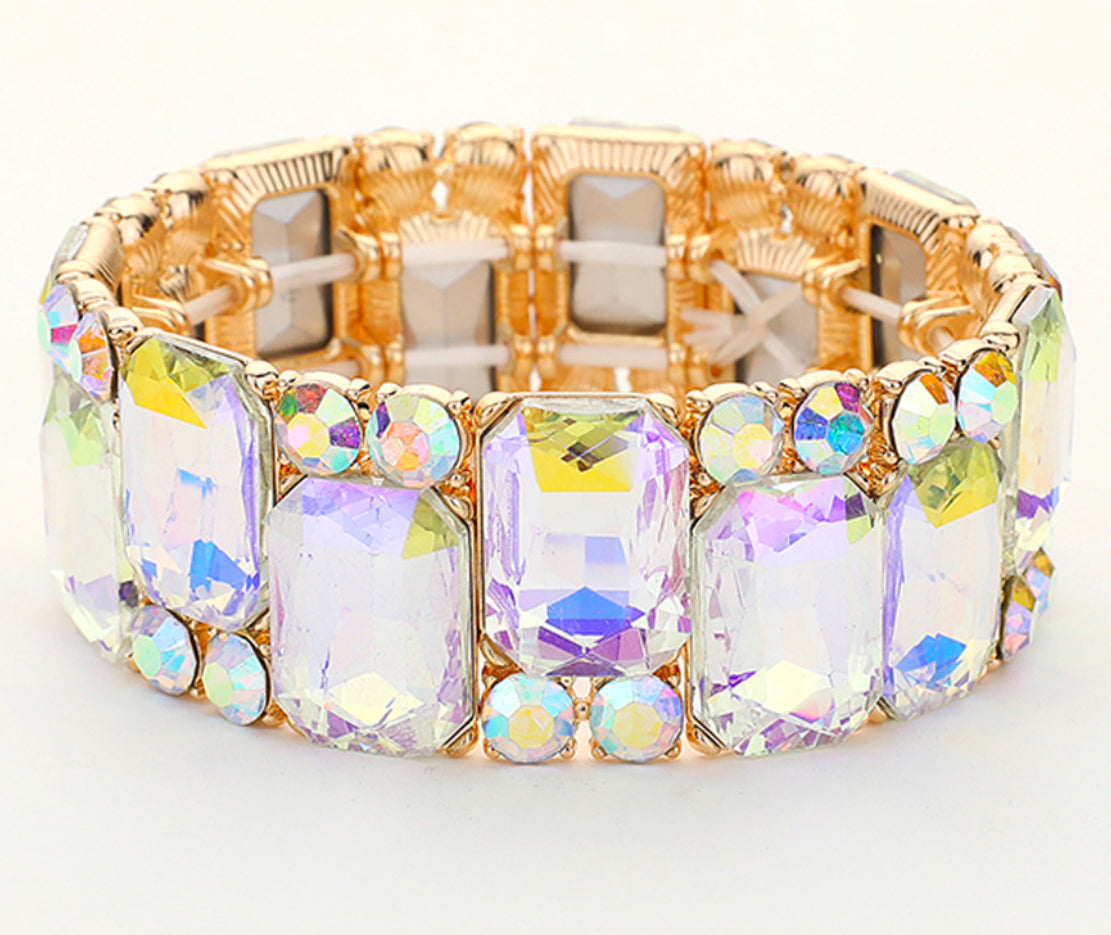 Square Round Glass Stone Cluster Stretch Bracelet