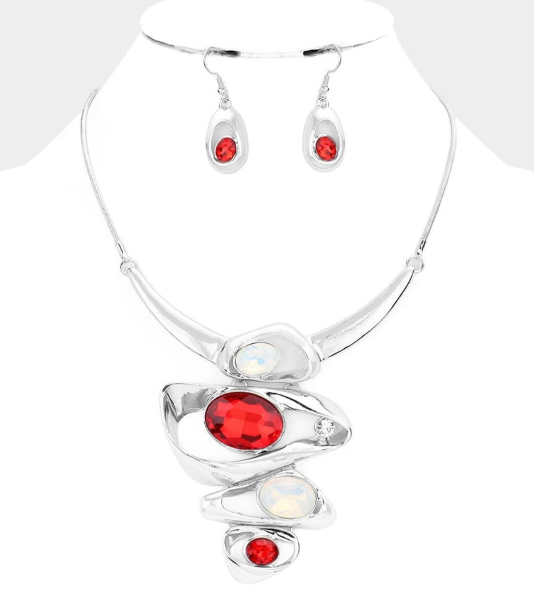 Red Oval Glass Stone Metal Hoop Necklace Set