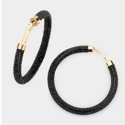 Jet Rhinestone Pave Hoop Earrings