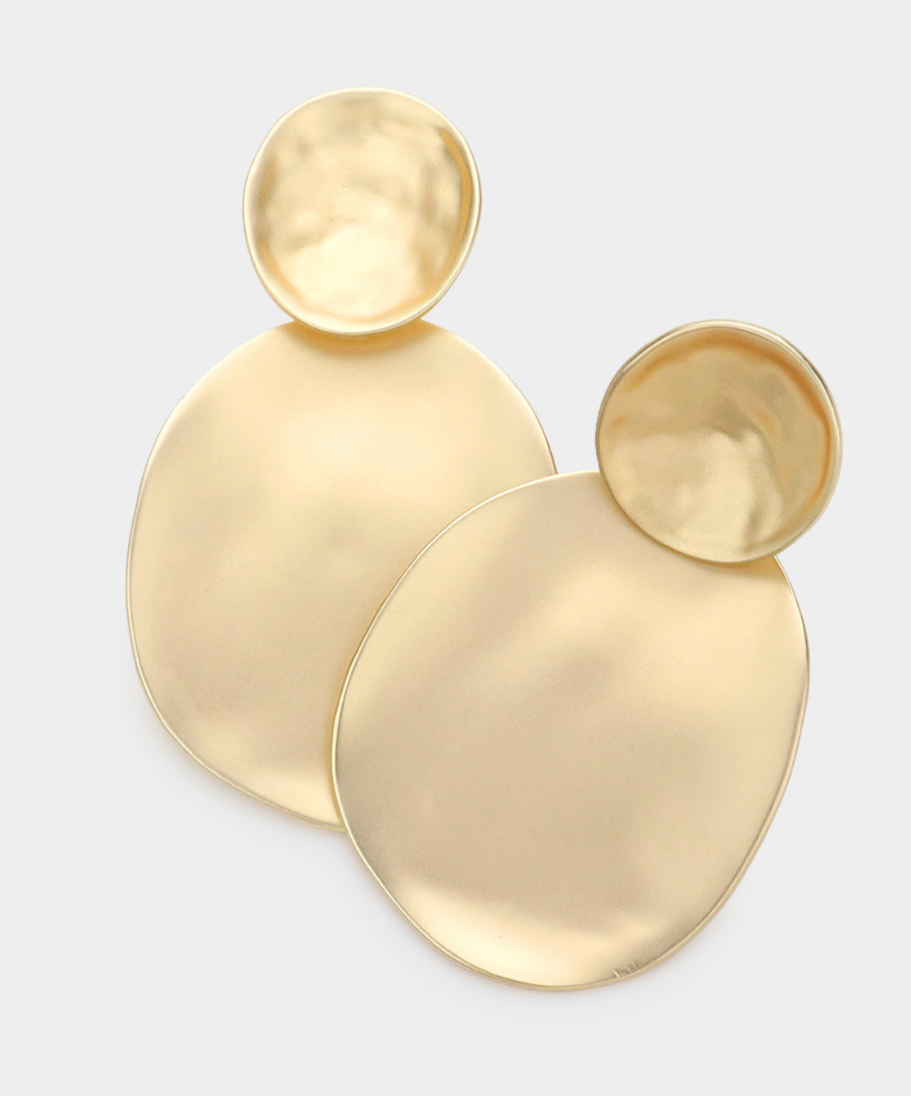 Gold Crushed Metal Irregular Oval Dangle Clip on Earrings