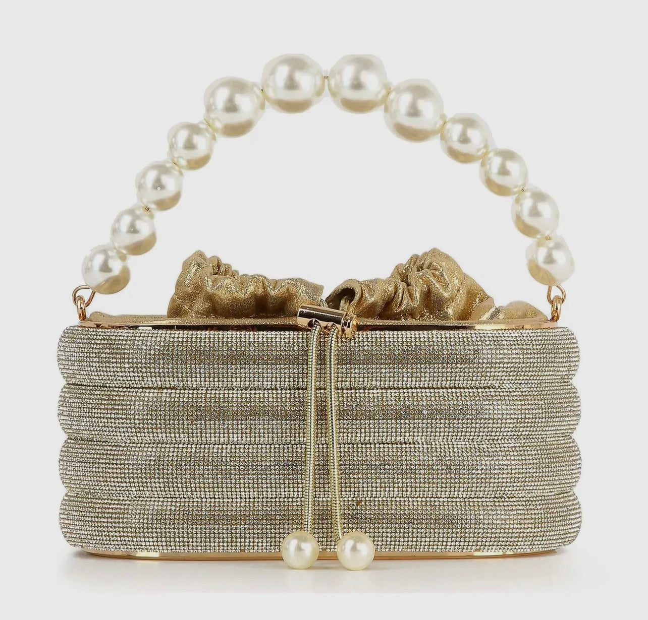 Pearl Accented Gold Striped Rhinestone Evening Bag