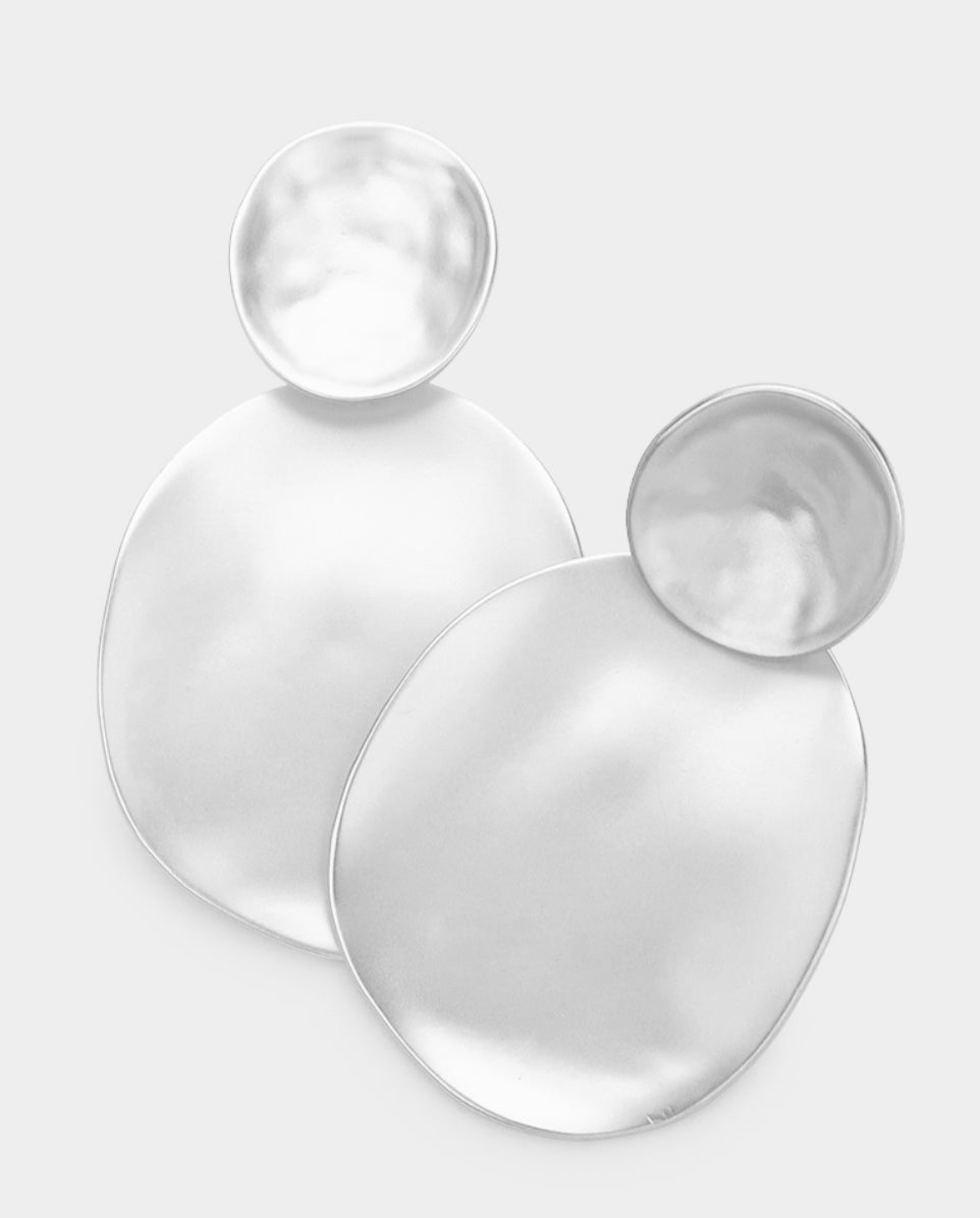 Silver Crushed Metal Irregular Oval Dangle Clip on Earrings