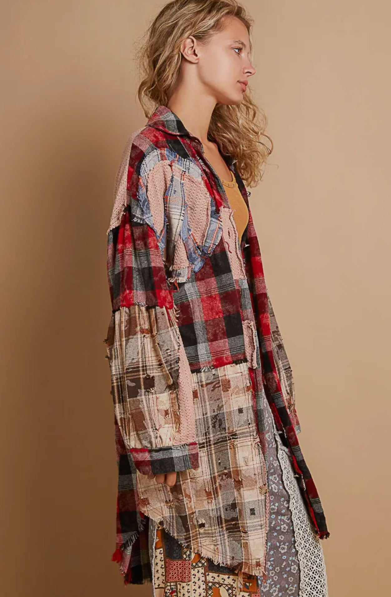 Baddie Red/Multi Or White Color Plaid Peace Sign Oversized