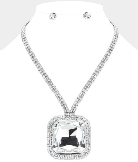 Square Glass Stone Rhinestone Paved Necklace