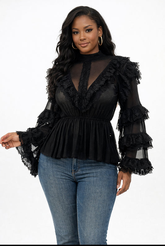 Sheila Sheer Lace Hem Peplum Blouse_Black