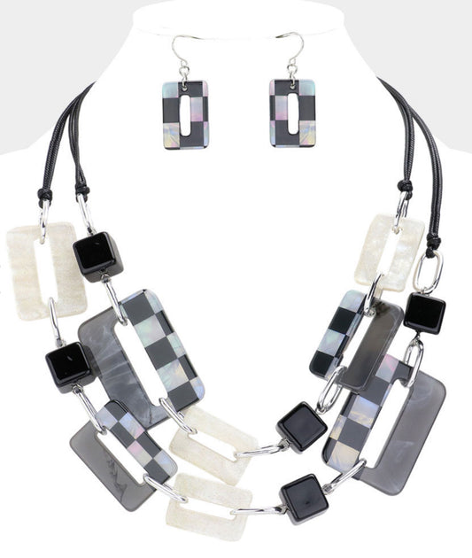 Abstract Open Cube Link Double Layered Statement Necklace
