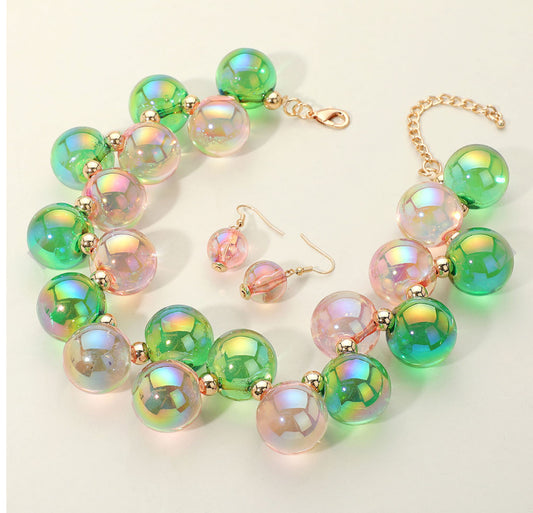 Chunky Iridescent Ball Beaded Necklace_Pink & Green