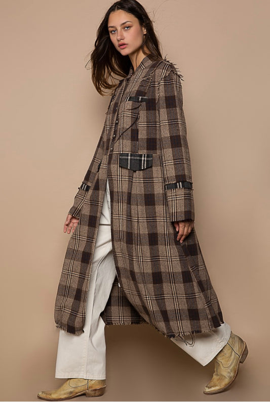 Brown Mocha Vintage Plaid Long Cardigan Jacket