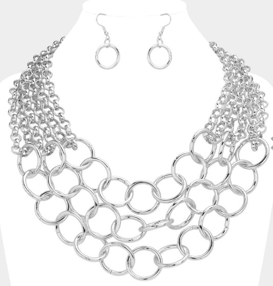 Silver Metal O Ring Link Triple Layered Statement Necklace