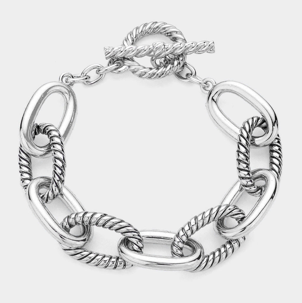 Silver Tone Textured Metal Cable Link Toggle Bracelet
