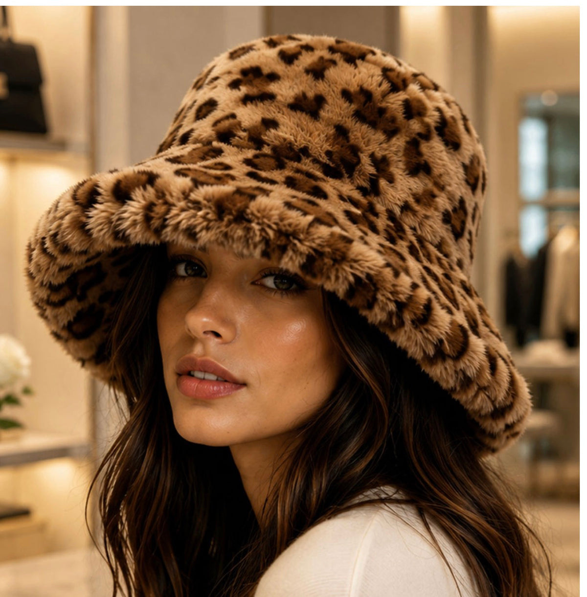 Leopard Print Oversized Plush Faux Fur Winter Bucket Hat