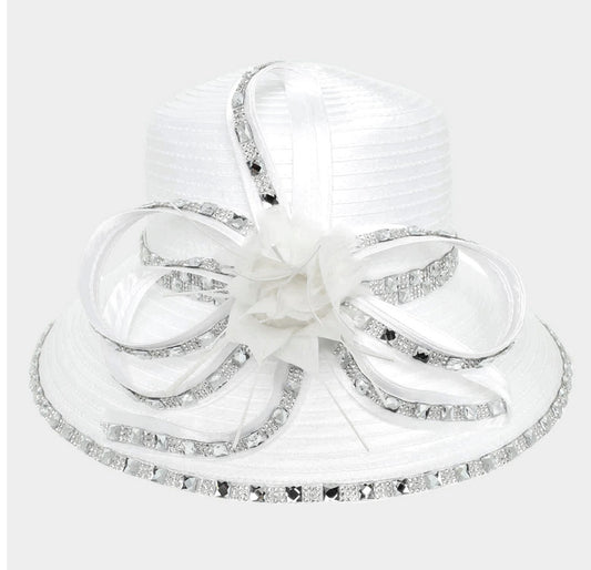 White Rhinestone Rim Embellished Flower Bow Pointed Dressy Hat Style No