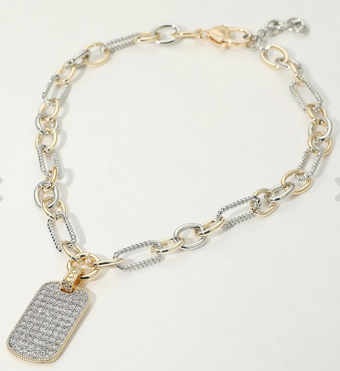 14K Gold Plated Two Tone Stone Dog Tag Pendant Chunky Chain Necklace