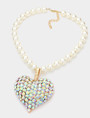 Gold AB Stone Paved Heart Pendant Pearl Necklace