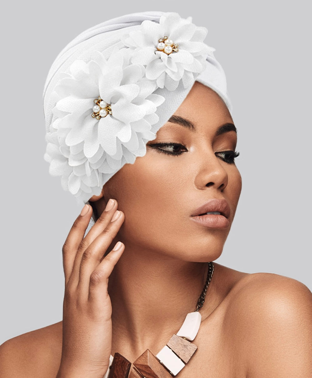 Flower Pearl Accented Turban Hat