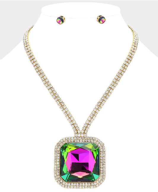 Square Glass Stone Rhinestone Paved Necklace