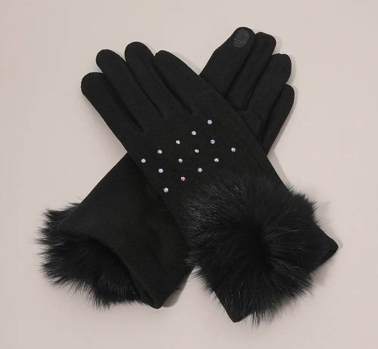 Faux Fur Gloves w/Rhinestone