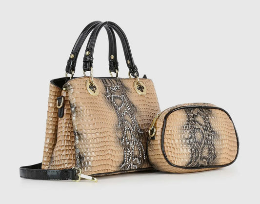 Snake Embossed Tote Bag Set_Tan