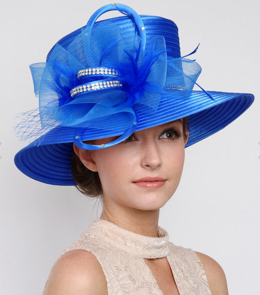 Blue Rhinestone Embellished Feather Accented Mesh Bow Dressy Hat