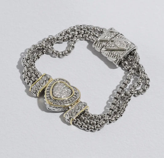 SILVER GOLD BRACELET HEART CZ STONES