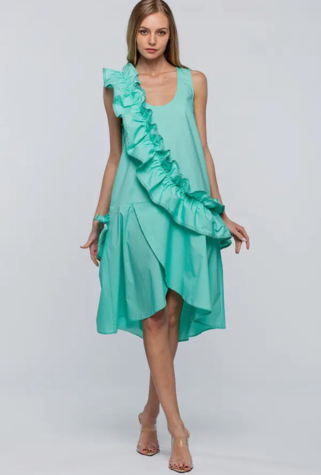Vanna A-Line Dress with Ruffles_ Aqua Green