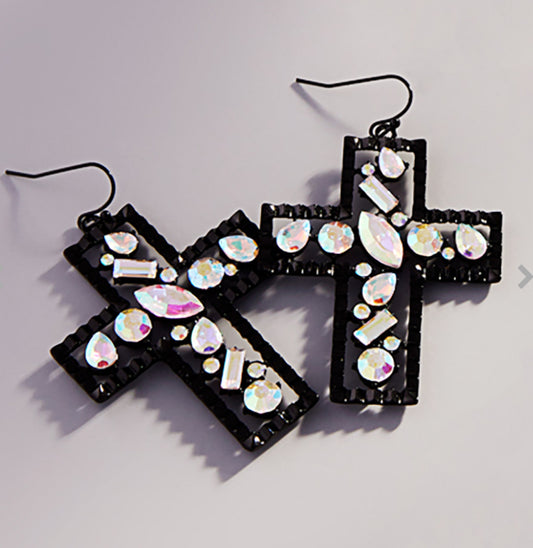 Stone Cluster Embellished Cross Dangle Earrings