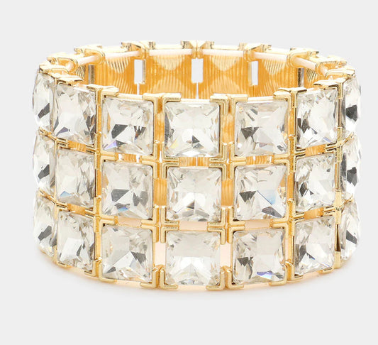 Gold 3ROWS SQUARE STONE STRETCH BRACELET