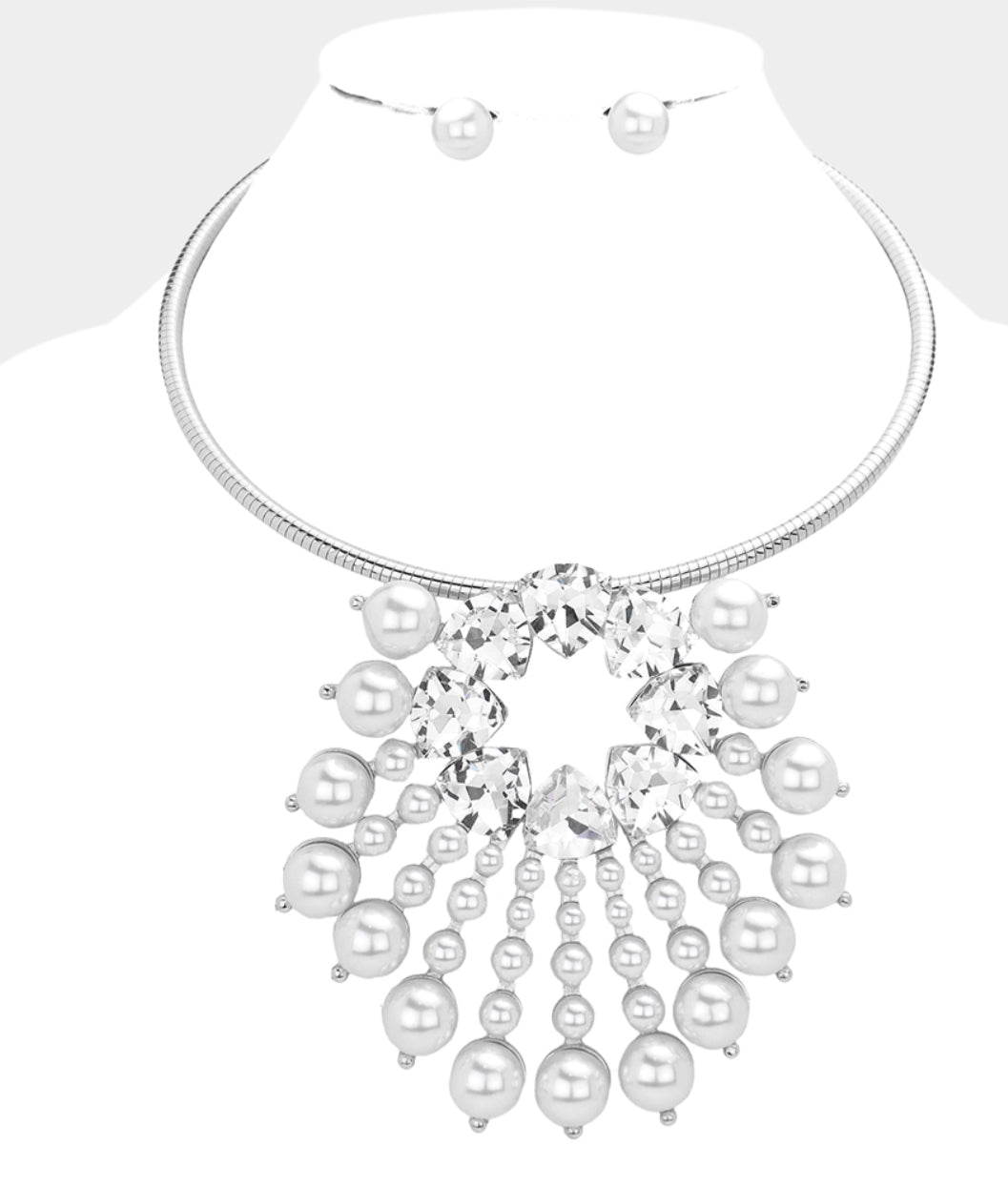 Silver Trilliant Stone Pearl Cluster Pendant Necklace