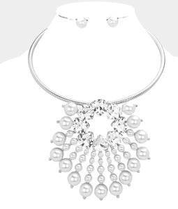 Silver Trilliant Stone Pearl Cluster Pendant Necklace