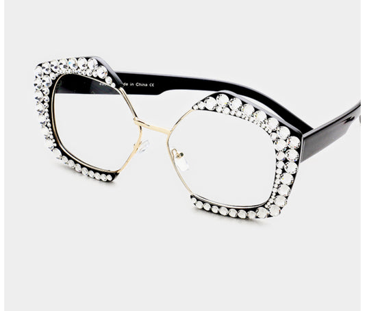Crystal Embellished  Pentagon Clear Lens Frames _Clear Stone