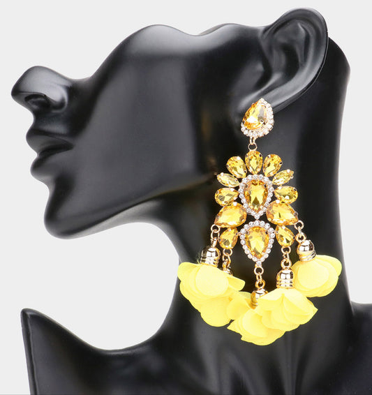 Stone Cluster Chandelier Fabric Petal Dangle Earrings_Yellow