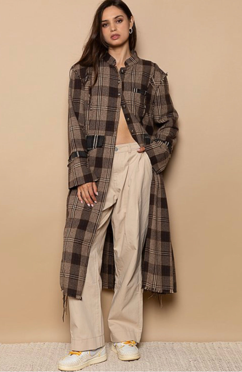 Brown Mocha Vintage Plaid Long Cardigan Jacket