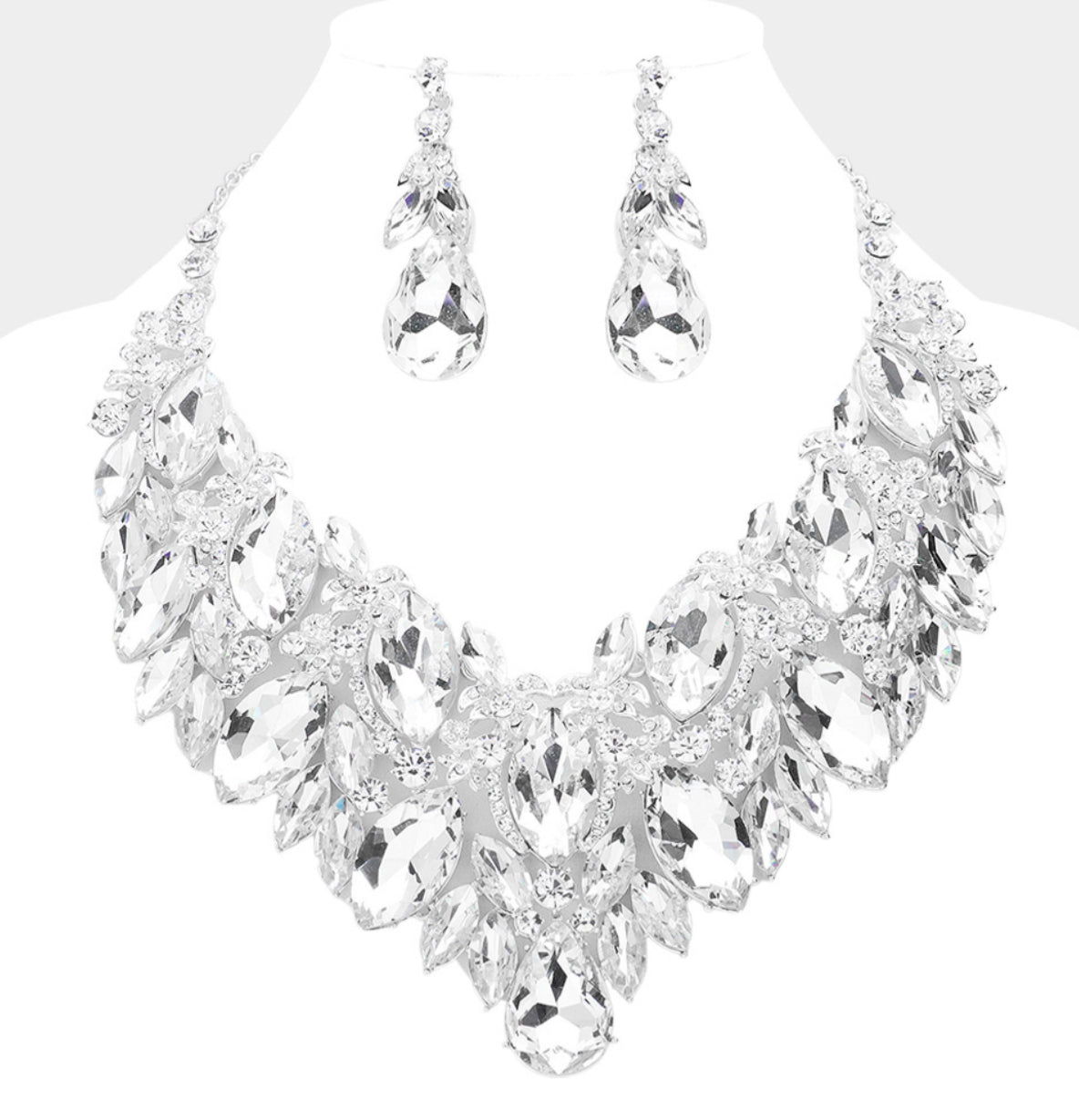 Teardrop Glass Stone Pointed Marquise Stone Cluster Embellished  Necklace Set