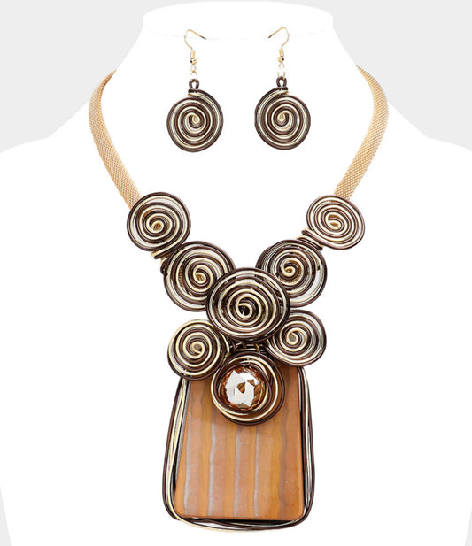 Metal Spiral Embellished Abstract Resin Pendant Statement Necklace