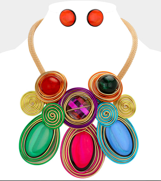 Multi Color Oversized Stone Swirl Metal Wire Statement Necklace