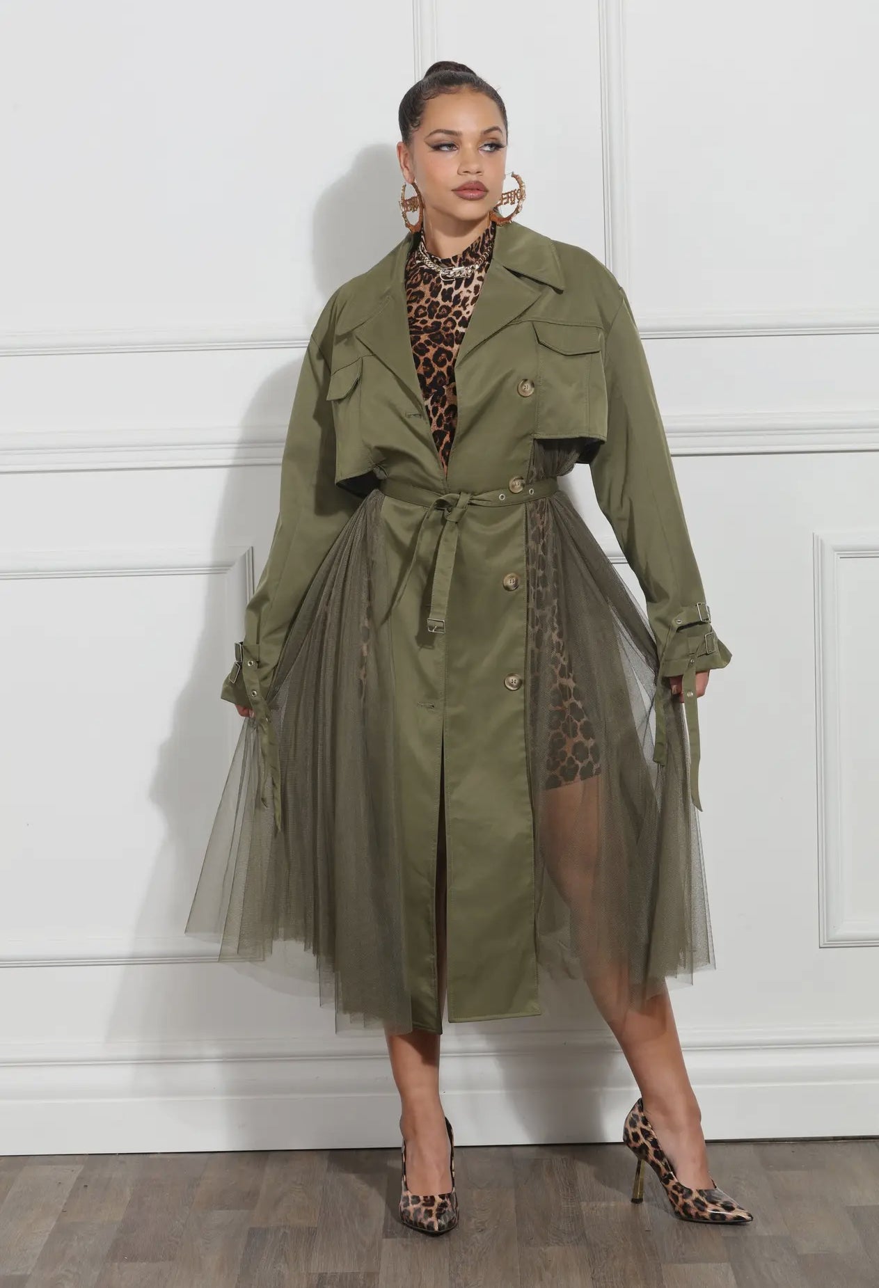 Olive - Coat with Side Pleating and Belt