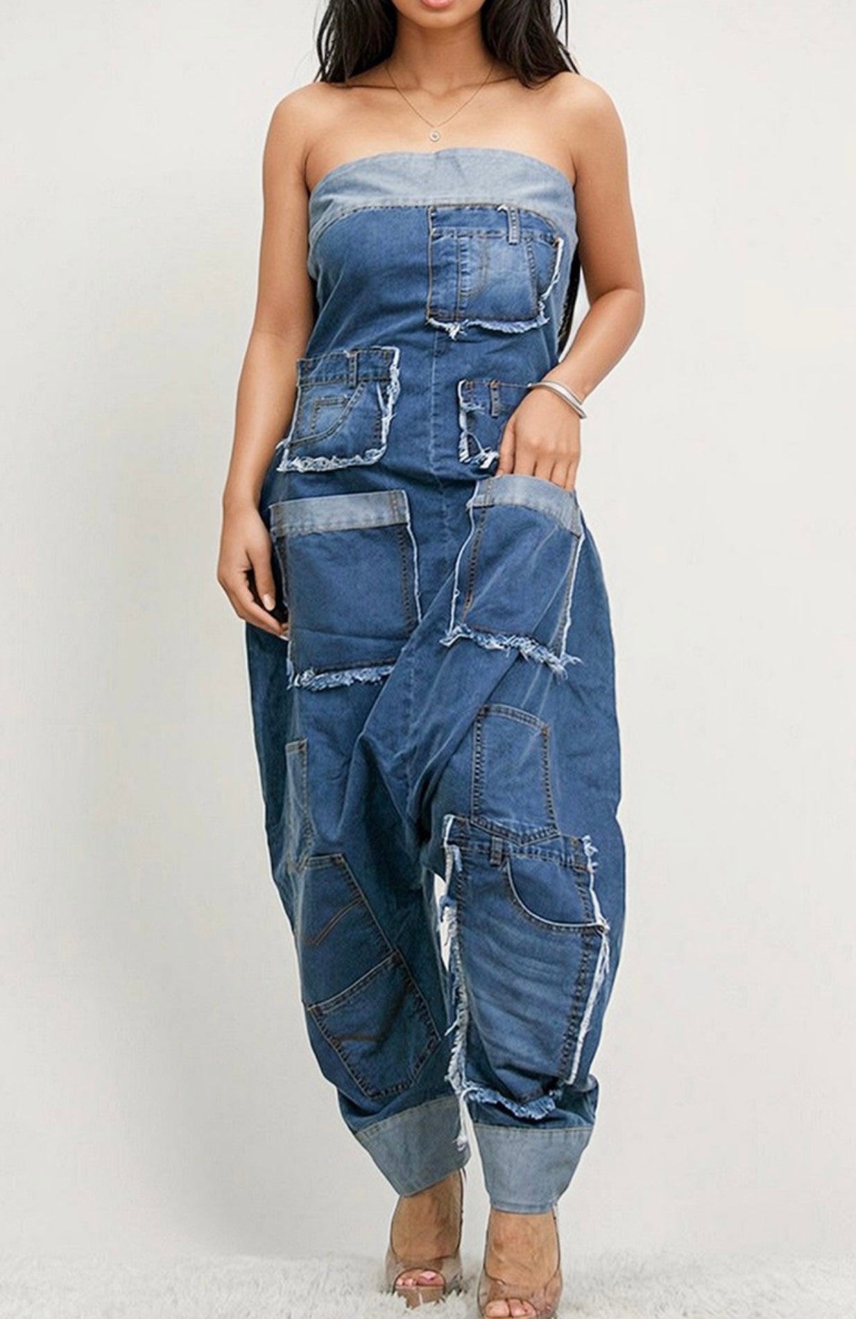 DENIM PATCHWORK BANDEAU JUMPSUIT