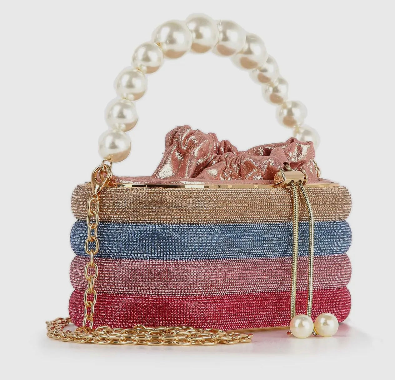 Pearl Accented Multi Color Striped Rhinestone Evening Bag