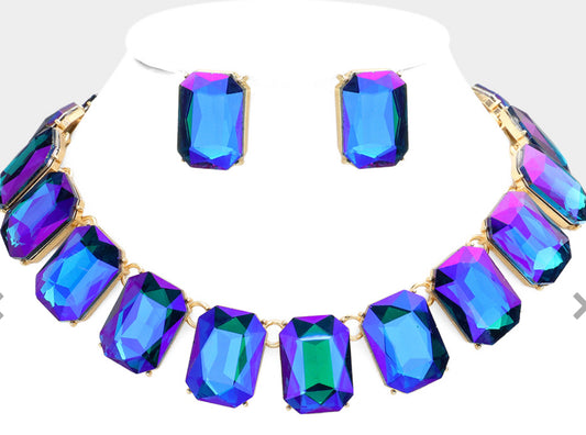 Emerald Cut Stone Link  Necklace Set