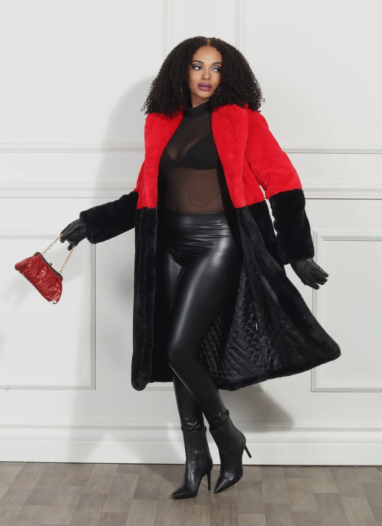 Black and Red Faux Fur Coat