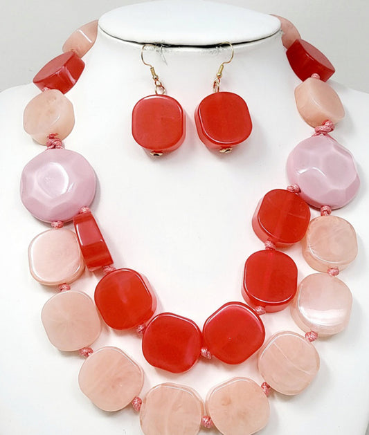 Chunky Resin Pebble Beaded Statement Necklace_Pink