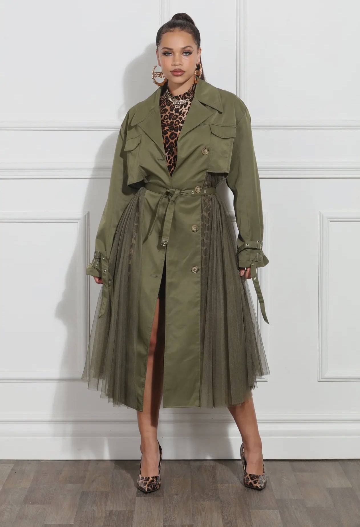 Olive - Coat with Side Pleating and Belt