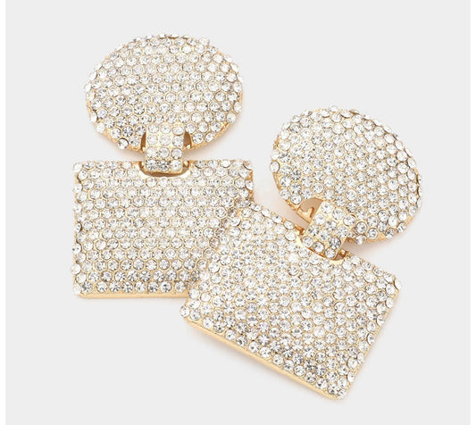 Gold Rhinestone Embellished Geometric Oval Earrings