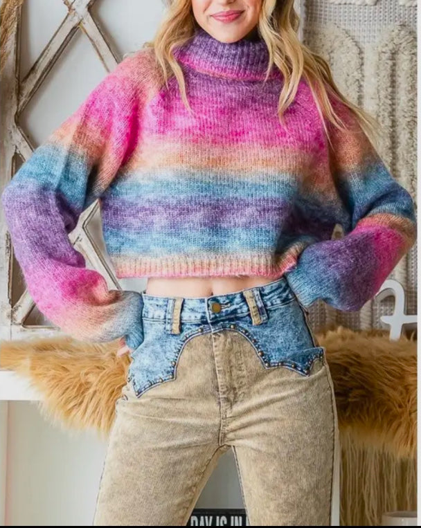 Rainbow Pullover Crop Mock Neck Sweater