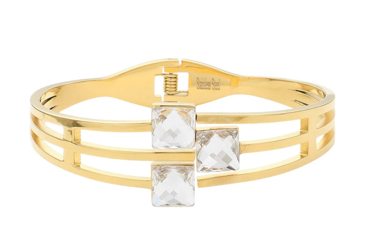 Stainless Steel Triple Square Stone Pointed Hinged Bangle Bracelet ...